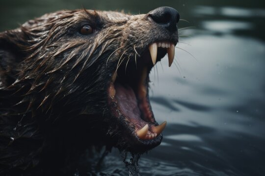 A picture of a wet brown bear with its mouth open in the water. This image can be used to depict wildlife, animal behavior, or nature photography.