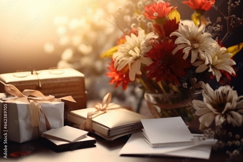 Poster a bouquet of flowers placed on a table. this image can be used to add a touch of elegance and beauty