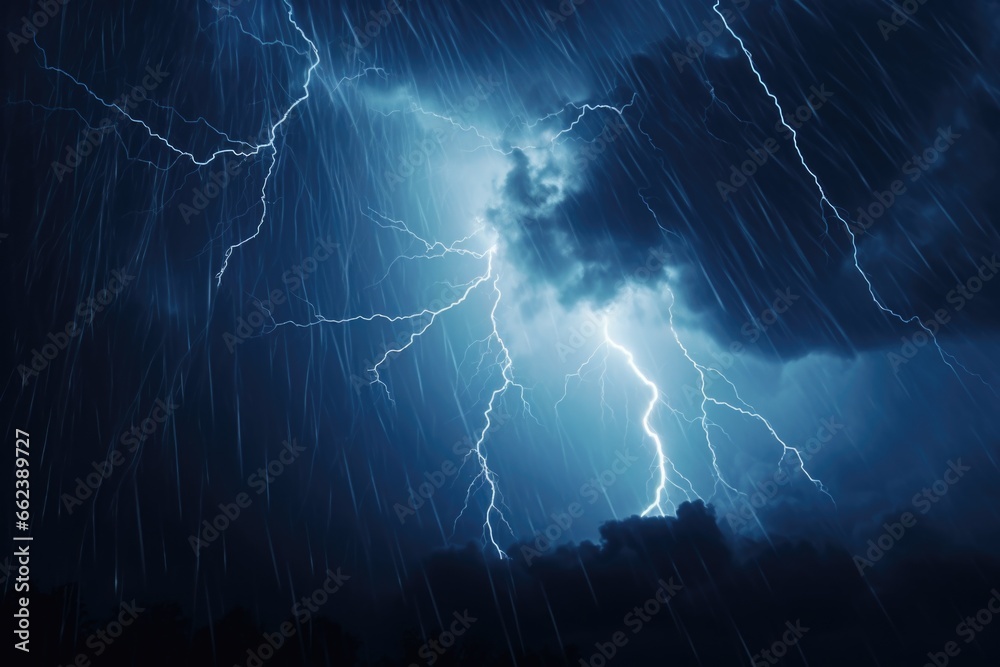 Poster a powerful lightning bolt piercing through a cloudy sky.