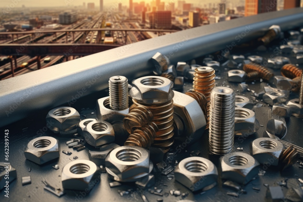Poster a pile of nuts and bolts sitting on top of a table. this image can be used to represent construction