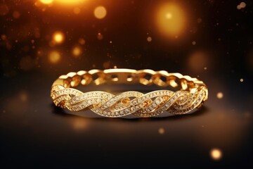 A luxurious gold bracelet adorned with sparkling diamonds, set against a dark background.  - obrazy, fototapety, plakaty