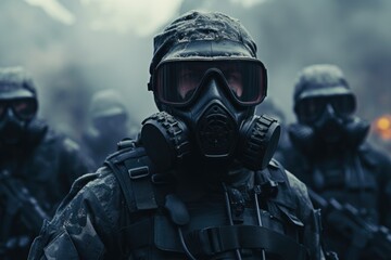 A group of soldiers wearing gas masks. Suitable for military, warfare, protection, and safety concepts - obrazy, fototapety, plakaty