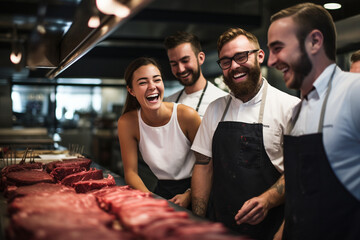 Within the tasting lab, a group of technologists taste and evaluate a recipe, each member's smile indicative of their dedication to creating superior meat products. 