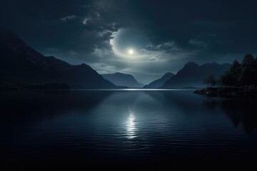 A stunning image capturing the beauty of a full moon shining over a serene lake. Perfect for nature enthusiasts and those looking for a peaceful backdrop. - obrazy, fototapety, plakaty