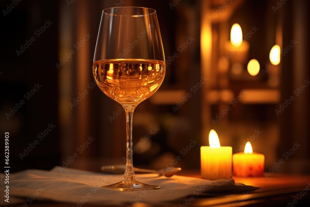 Poster a glass of wine sits on top of a table next to a lit candle. this image can be used to create a cozy