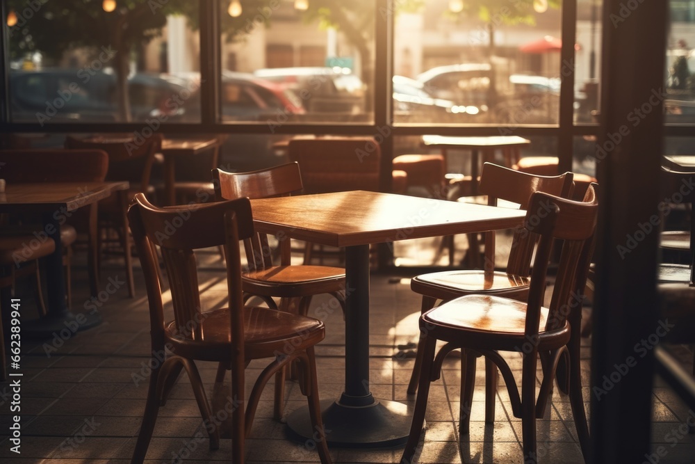 Aufkleber A picture of a table and chairs placed in front of a window. This image can be used to depict a cozy dining area or a picturesque view from a cafe or restaurant