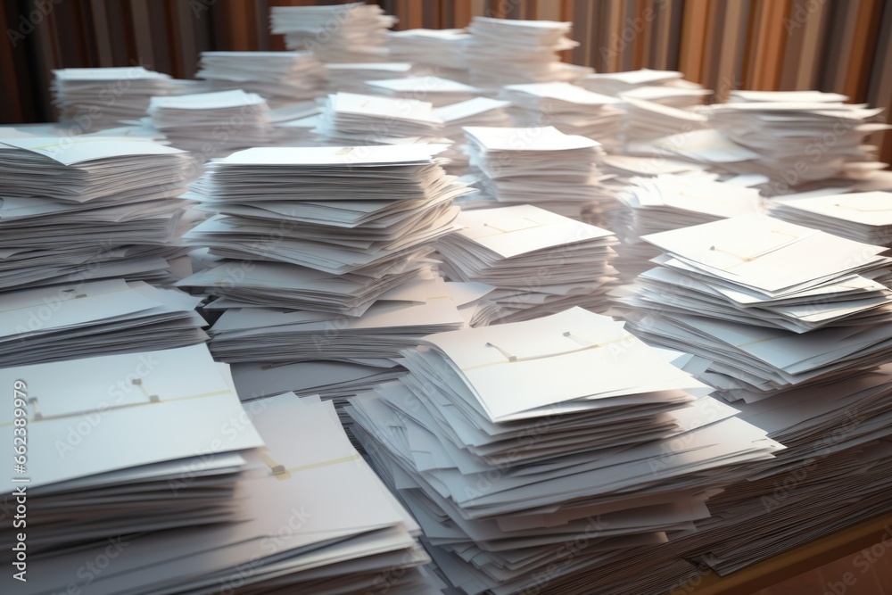 Aufkleber a pile of papers sitting on top of a table. this versatile image can be used to depict organization,
