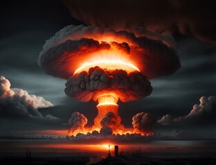 Post-apocalyptic landscape. The explosion of a nuclear and neutron bomb. Nuclear mushroom. Nuclear weapon. Generative AI.