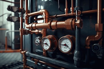Naklejka premium A close-up view of a wall-mounted bunch of gauges. This image can be used to depict measurement, monitoring, or control systems in various industries