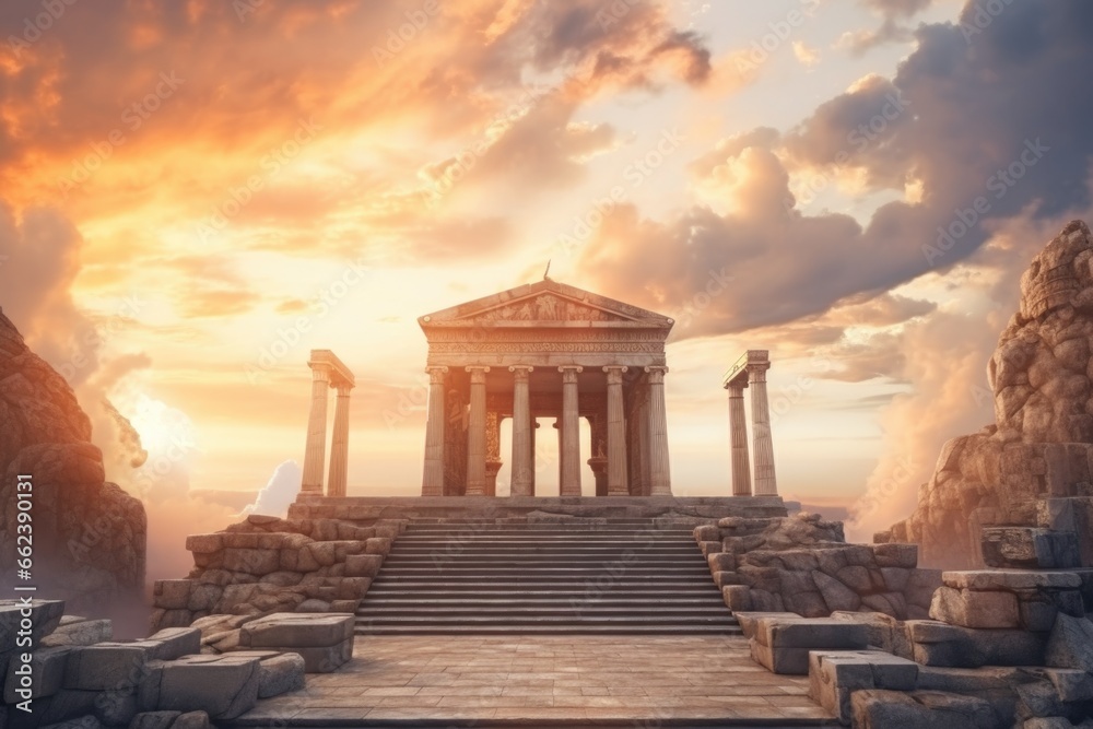 Poster A picture of a stone structure with columns and steps leading up to it. This image can be used to depict architecture, historical landmarks, or grand entrances