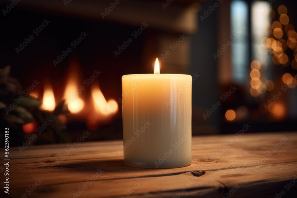 Poster a lit candle sitting on top of a wooden table. perfect for creating a cozy and warm atmosphere. idea