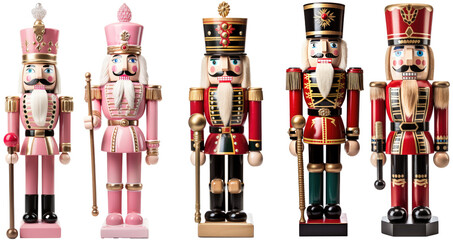 set of Nutcracker. Christmas wood toy soldier traditional figurine. Isolated on transparent background - obrazy, fototapety, plakaty
