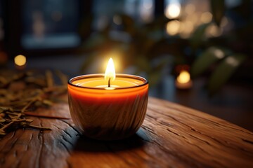 Obraz na płótnie Canvas A lit candle sitting on top of a wooden table. Perfect for creating a cozy and warm atmosphere. Suitable for home decor, relaxation, and meditation themes
