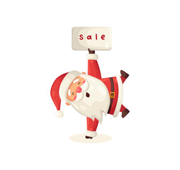 Funny cute Santa Claus character standing on hand and holding sale sign isolated on white background. Christmas sale design vector illustration in flat cartoon style