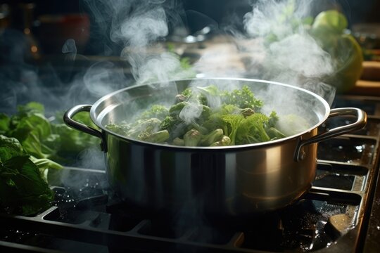 A pot of broccoli is boiling on the stove. This image can be used to showcase healthy cooking or vegetarian recipes