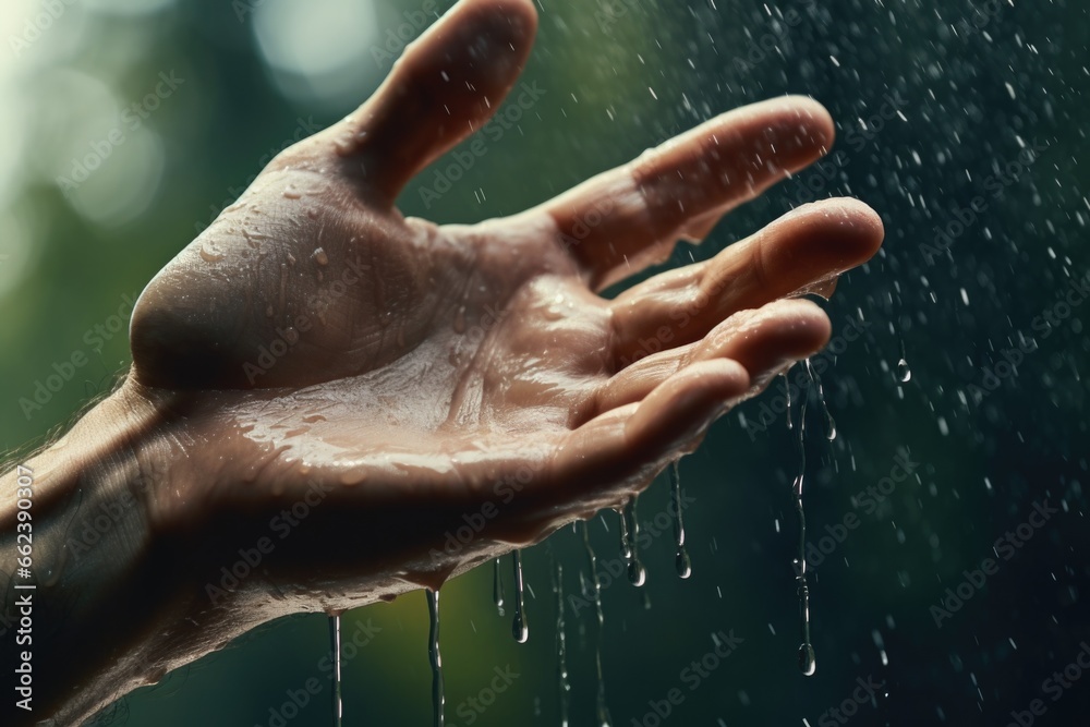 Poster A person holding out their hand in the rain. This image can be used to depict hope, help, or a metaphor for seeking assistance in difficult times.