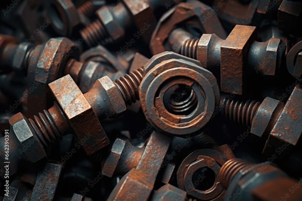 Poster a pile of nuts and bolts on a table. perfect for industrial projects and diy enthusiasts.