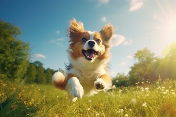 A brown and white dog is captured in motion as it runs through a picturesque field. This image can be used to depict freedom, energy, and the joy of outdoor activities.
