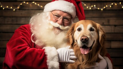 Santa Claus and santas helper golden retriever dog portrait. Happy Santa Claus with dog near Christmas tree. Santa for dogs sale web banner