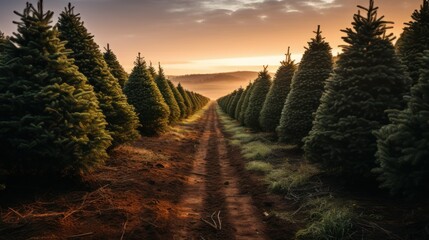 Christmas Tree Farm. Christmas tree cultivation is agricultural occupation which involves growing pine, spruce, and fir trees specifically for use as Christmas trees. Where to find the perfect tree - obrazy, fototapety, plakaty