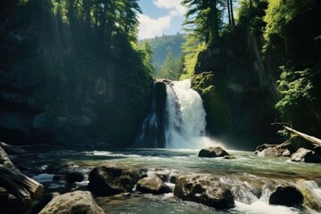 A picturesque waterfall nestled in the heart of a vibrant green forest. Ideal for nature lovers and outdoor enthusiasts.
