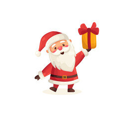 Funny cute Santa Claus character holding gift isolated on white background. Christmas holiday vector illustration in flat cartoon style