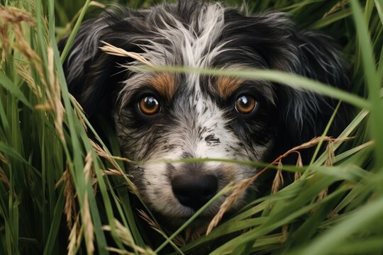 A close-up photograph of a dog standing in tall grass. This image can be used to depict nature, animals, pets, or outdoor activities.
