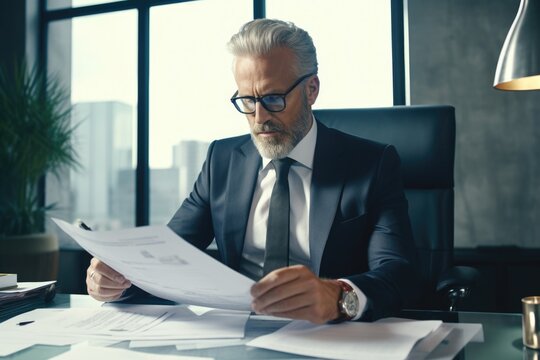 A Man In A Suit And Tie Sitting At A Desk, Surrounded By Papers. Suitable For Business, Office, And Work-related Themes.