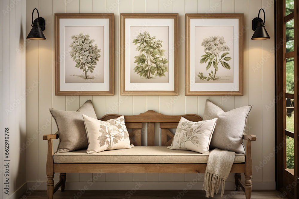 Wall mural living room gallery wall, home decor with vintage wall art framed botanical prints, and a rustic woo