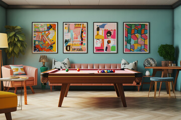 Pool table game room interior, vintage arcade games, a cozy seating area with patterned cushions, and a wall adorned with geometric artwork. - obrazy, fototapety, plakaty
