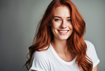Fototapeta premium Portrait of Joyful Young Redheaded Woman with Freckles in Fashionable T-Shirt Smiling on White Background