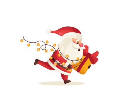 Funny cute Santa Claus character running with gift and garland isolated on white background. Christmas holiday vector illustration in flat cartoon style