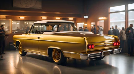Foto op Plexiglas Closeup look at a classic golden retro car, shiny old-timer parked at a car dealership, waiting for auction to end in room full of customers and buyers, 1950s cars, vintage coupe, luxury model © Nemanja