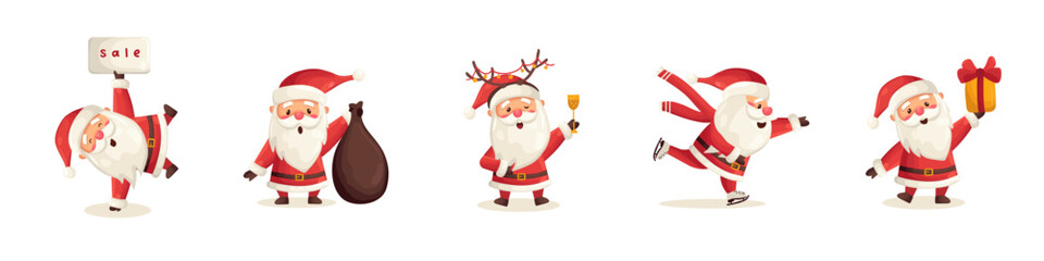 Set of funny cute Santa Claus characters with different poses, emotions, holiday situations isolated on white background. Christmas holiday vector illustration in flat cartoon style