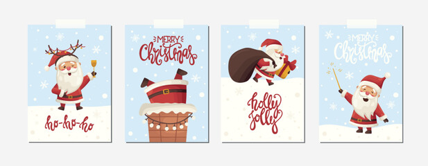 Set of Christmas new year winter holiday greeting cards with cute funny xmas Santa Clauses and lettering. Christmas poster vector illustration in flat cartoon style - 662392358