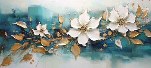 Abstract painted acrylic oil color painting of flowers with gold details and blue turquoise white petals on canvas, background wallpaper texture