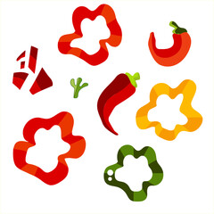 Pepper. Ingredients for pizza. Red pepper, bitter sliced. Capsicum. Vector drawing. Doodle for salad, Pizzeria and cafe. Pepper slices.