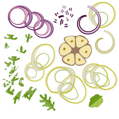 Onion. Ingredients for pizza. Red onion rings. Onion rings. Vector drawing. Doodle for salad, Pizzeria and cafe.Garlic.