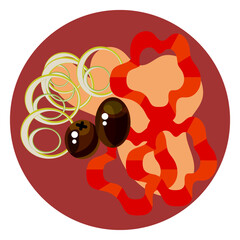 Pizza. Ingredients for pizza. Vegetables, herbs, mushrooms and sausage for baking pizza. Sweet and bitter pepper sliced for different pizzas. Vector collection. Tomato and cheese. A set for a Pizzeria