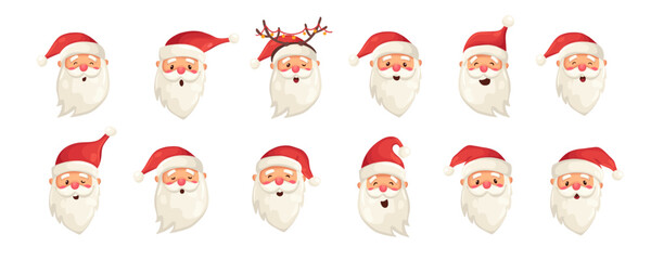 Set of funny cute Santa Claus face characters with different emotions isolated on white background. Christmas holiday vector illustration in flat cartoon style