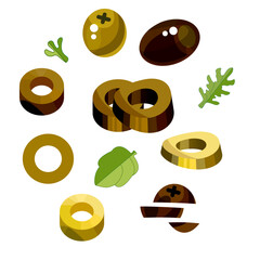 Pizza. Ingredients for pizza. Olives, greens for baking pizza and salad. Olives sliced for different pizzas. Vector collection. Olive set. Collection for Pizzerias and cafes.