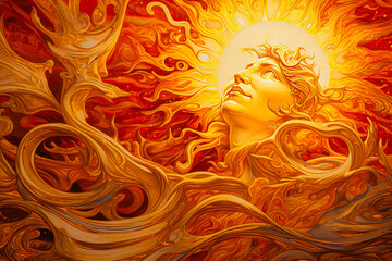 Fantasy illustration of a woman with red hair and big sun.