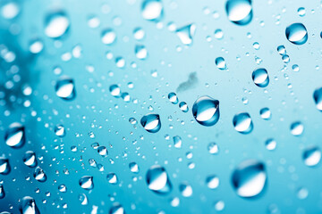 Water drops on blue glass background. Water drops on glass surface.