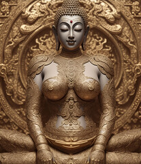 Statue of God Buddha. Decorative digital painting. Color illustration for background. Picturesque portrait for the interior. Wall mural, poster or picture for home. Generative AI.