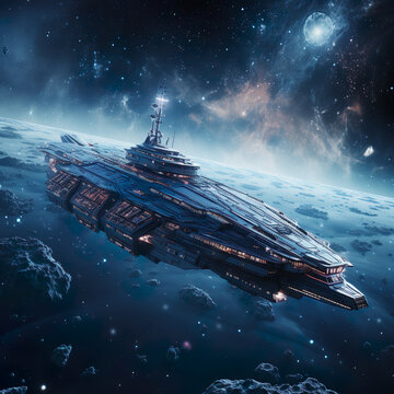 A massive military battlecruiser starship prepared to face its enemies in epic space battles