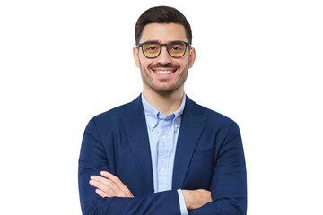 Portrait of confident young businessman wearing blue suit and smart casual shirt, smiling at...