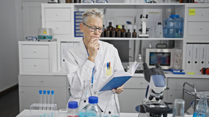 Fototapeta na wymiar Deep in thought, a grey-haired senior woman scientist studying and reading an intriguing medical book at her laboratory.