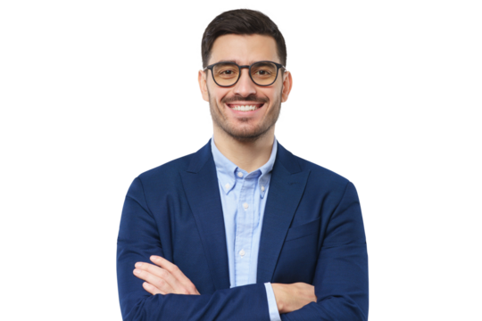 Portrait of confident young businessman wearing blue suit and smart casual shirt, smiling at camera, holding arms crossed - Powered by Adobe