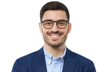 Close-up portrait of confident young businessman wearing blue suit and smart casual shirt, smiling at camera