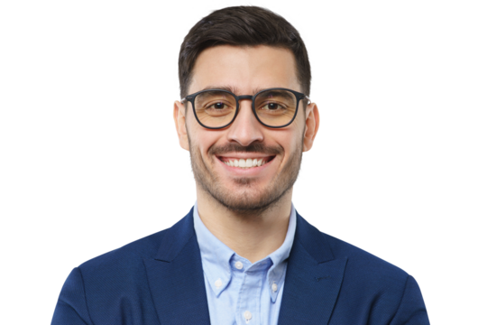 Close-up portrait of confident young businessman wearing blue suit and smart casual shirt, smiling at camera